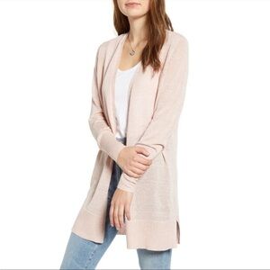 Halogen SMALL Long Linen Blend Cardigan Pink Pockets